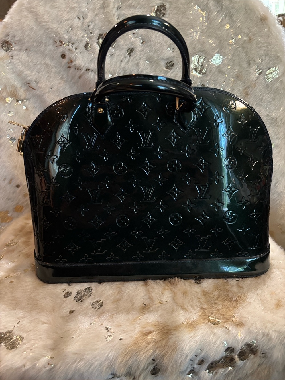 Louis Vuitton Blue Nuit Vernis Alma GM Patent Leather Satchel.